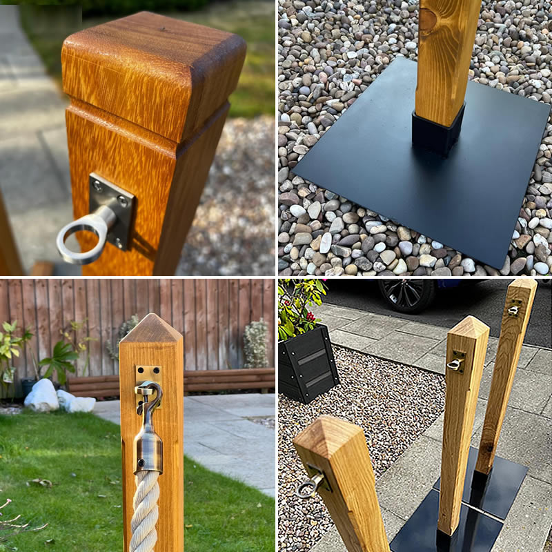 Rustic Wooden Rope Barrier Post | Flat Steel Base | UK Made White Light ...